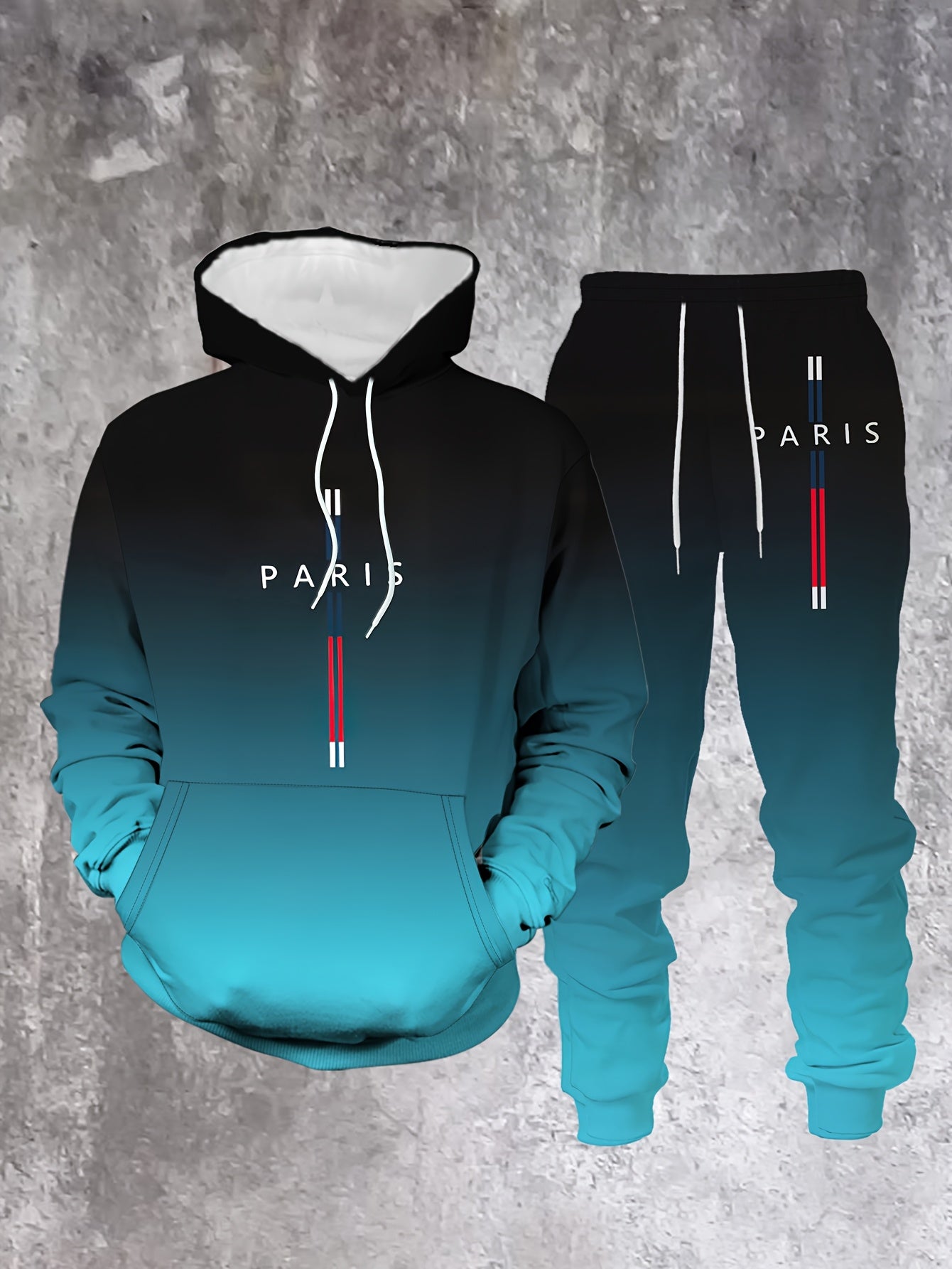 Men's Casual Black & Blue Gradient Color Matching Hoodies Long Sleeved Sweatshirts & Sweatpants Two-Piece Set