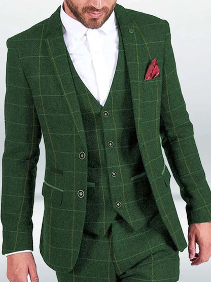 Men's Business Single-Breasted Plaid Contrast Color Suit Three-Piece Suit