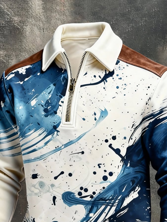 Men's Retro Color Block Print Color-Blocked Zip-Up Sweatshirt