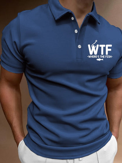 Men's WTF - Where's The Fish Print Contrast Casual Polo Shirt