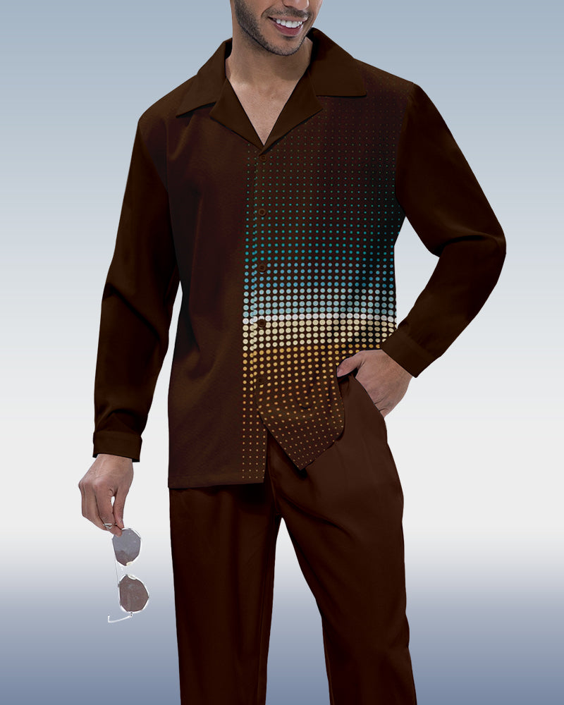 Men's Dark Brown Vintage Polka Dot Print Long Sleeve Walking Suit 234