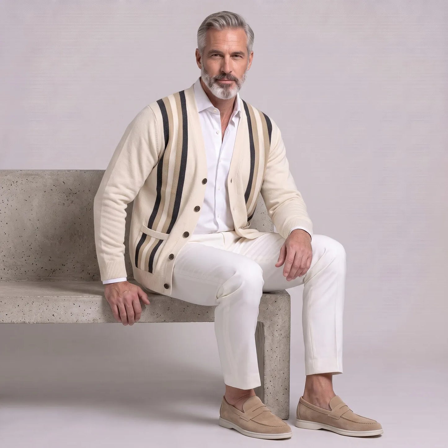 Men's Classic Contrast Striped V Neck Single Breasted Patch Pockets Knitted Cardigan