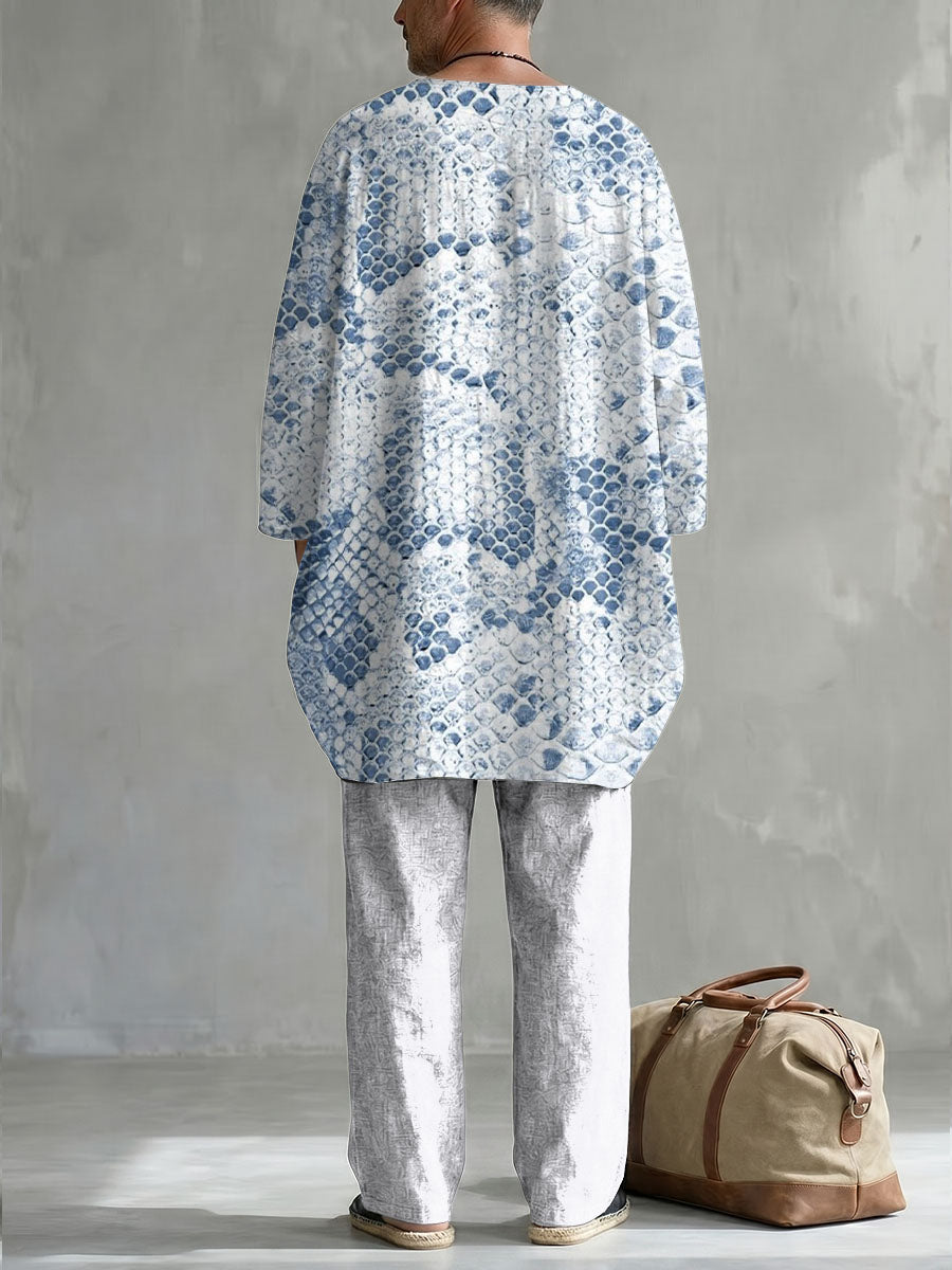 Serpentine Decorative Pattern Long Sleeve Cotton Linen Top And Pants Two Piece Set