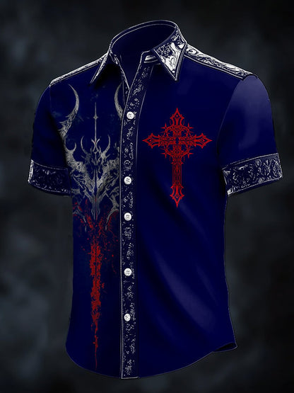 Men's Casual Fashion Dark Pattern Cross Crow Contrast Satin Shirt