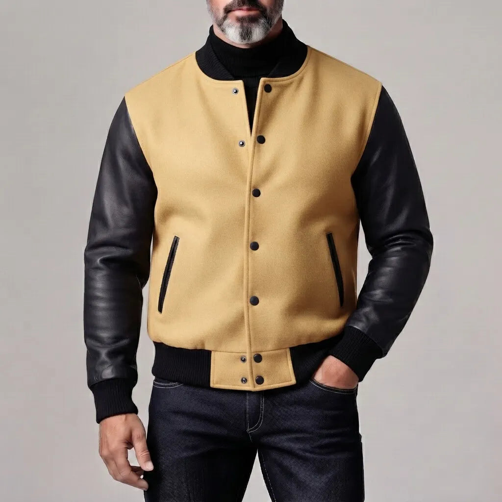Men's Vintage Woolen Contrast Spliced PU Leather Long Sleeve Button Up Bomber Jacket