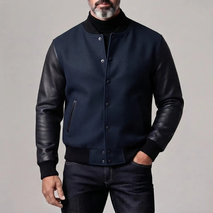 Men's Vintage Woolen Contrast Spliced PU Leather Long Sleeve Button Up Bomber Jacket
