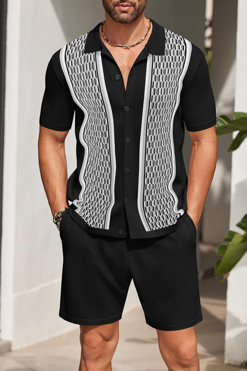 Men's Vintage Inspired Grey Knit Short Shirt & Shorts Set