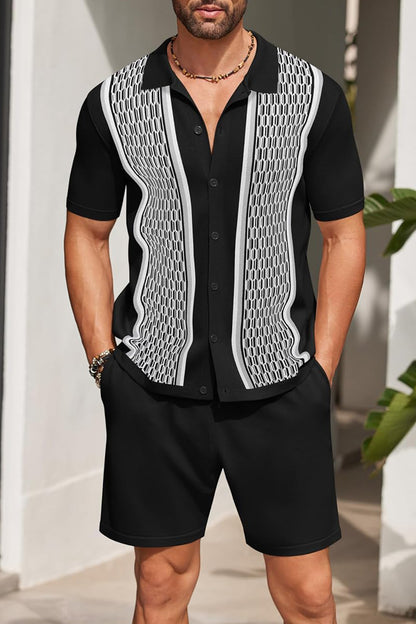 Men's Vintage Inspired Grey Knit Short Shirt & Shorts Set