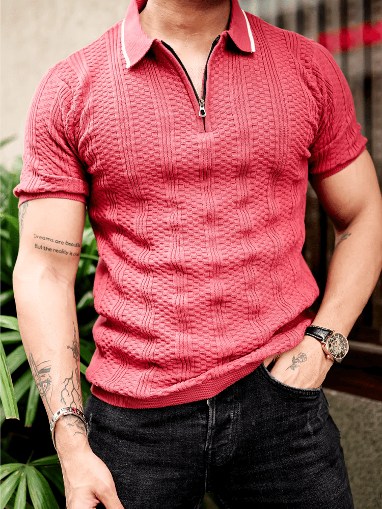 Men's Business Stripe Zip-Up Short Sleeve Polo Shirt