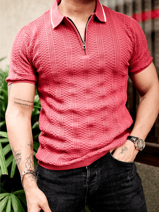 Men's Business Stripe Zip-Up Short Sleeve Polo Shirt