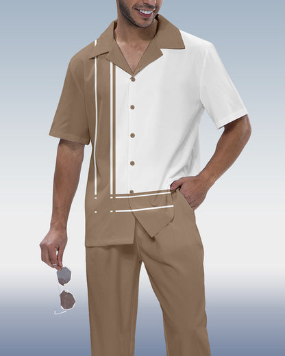 Rianmond Men's Khaki Panel Print Short Sleeve Walking Suit 510
