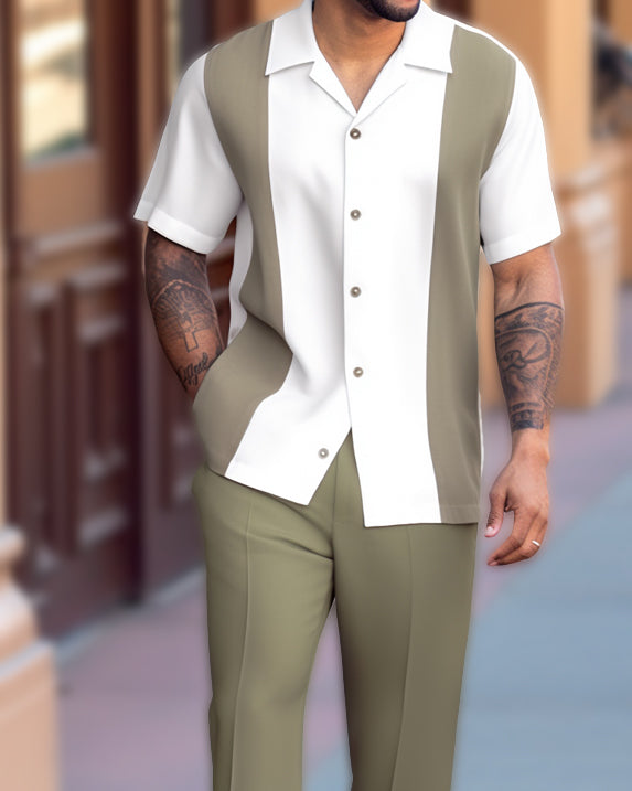 Men's Retro Colorblock Short Sleeve Shirt Walking Suit 1468