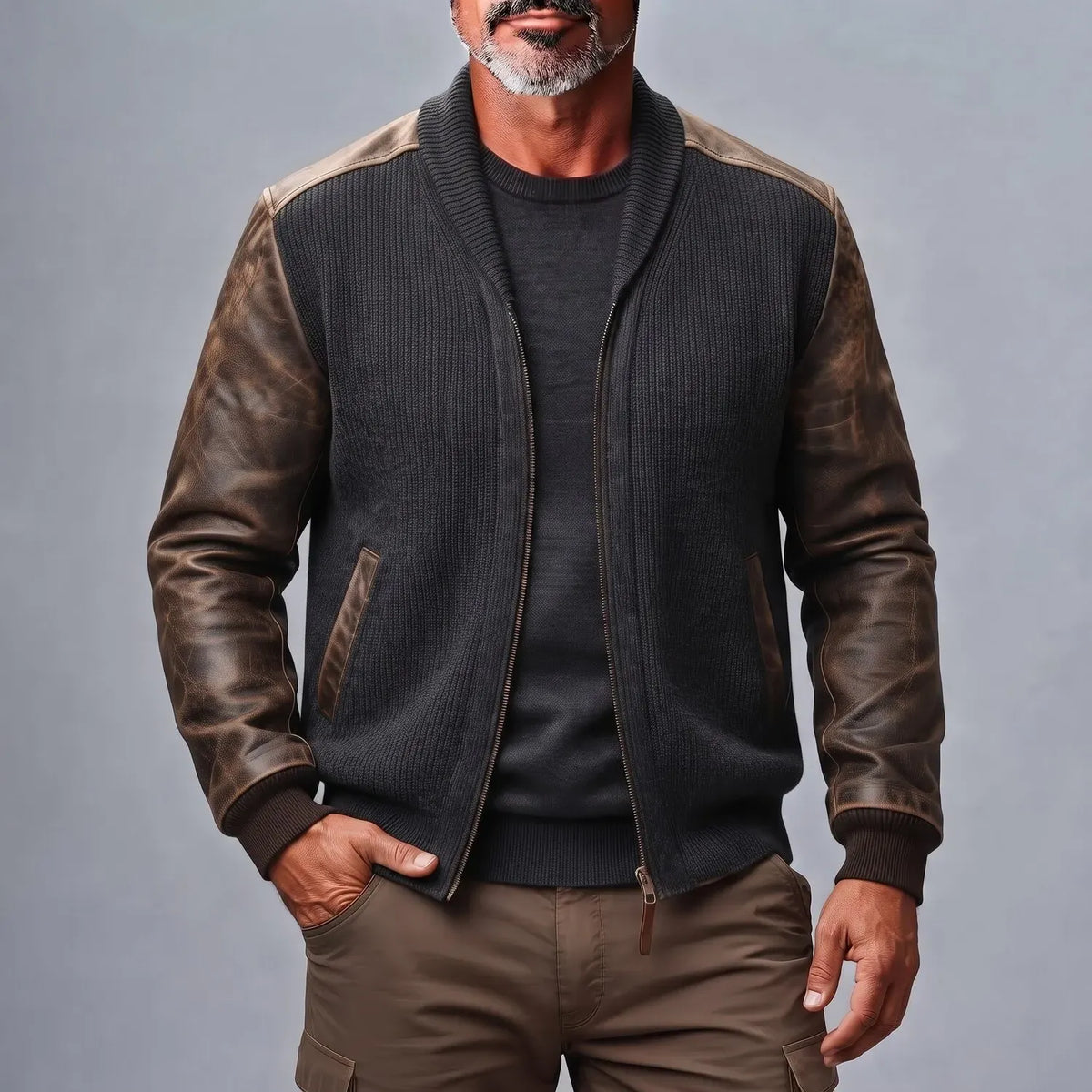 Men's Charcoal Ribbed Knit Shawl Lapel PU Leather Patchwork Long Sleeve Zipper Cardigan
