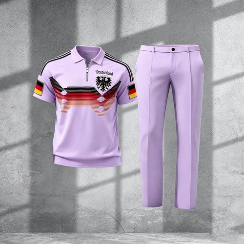 Men's Casual Light Purple Printed Polo Short-Sleeve T-Shirt And Pants Two-Piece Set