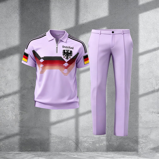 Men's Casual Light Purple Printed Polo Short-Sleeve T-Shirt And Pants Two-Piece Set