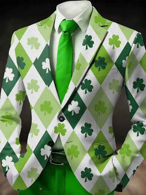 St. Patrick Men's Four Leaf Clover Blazer Jacket Coat Men's Vintage Coat Blazer with Graffiti