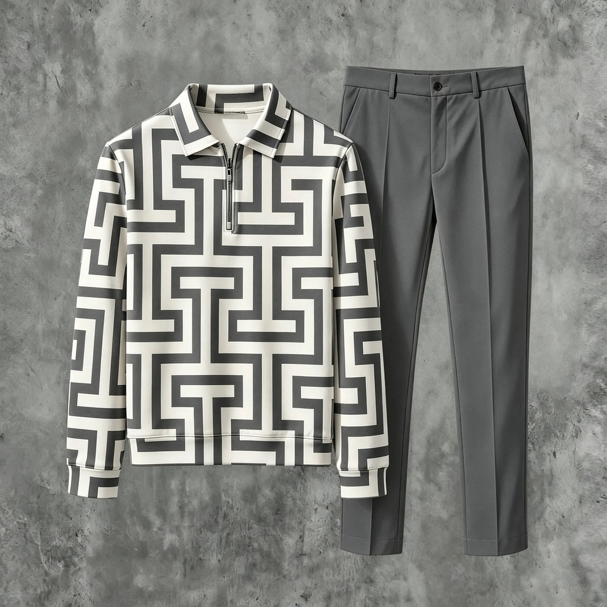 Men's Printed Zipper Polo Shirt and Pants Set