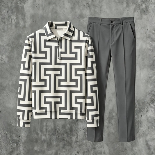 Men's Printed Zipper Polo Shirt and Pants Set