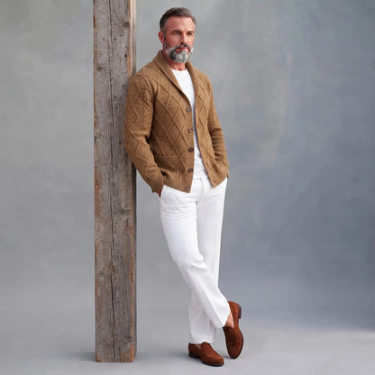 Men's Brown Diamond Pattern Shawl Lapel Single Breasted Cable Knit Sweater Cardigan