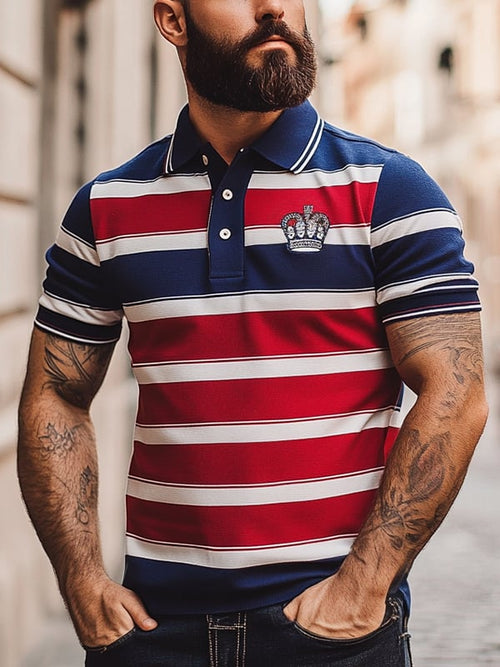 Men's Business Stripe Logo Button-Down Short Sleeve Polo Shirt