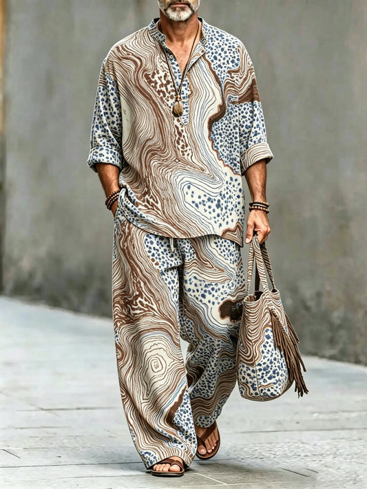 Men's Vintage Abstract Art Printed Cotton Shirt Set (Top & Pants)
