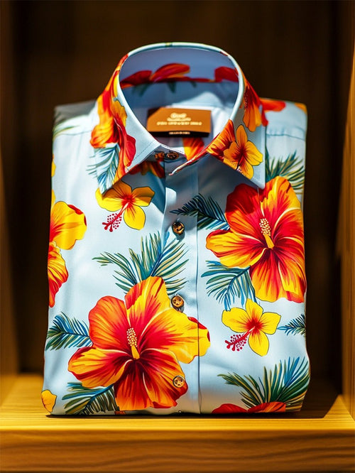 Men's Satin Luxe Hawaiian Print Short Sleeve Button Shirt