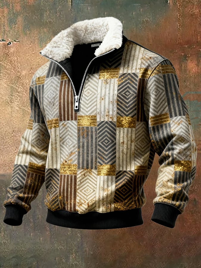 Men's Retro Color Block Print Casual Fur Collar Sweatshirt