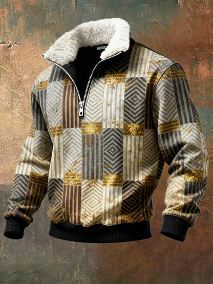 Men's Retro Color Block Print Casual Fur Collar Sweatshirt