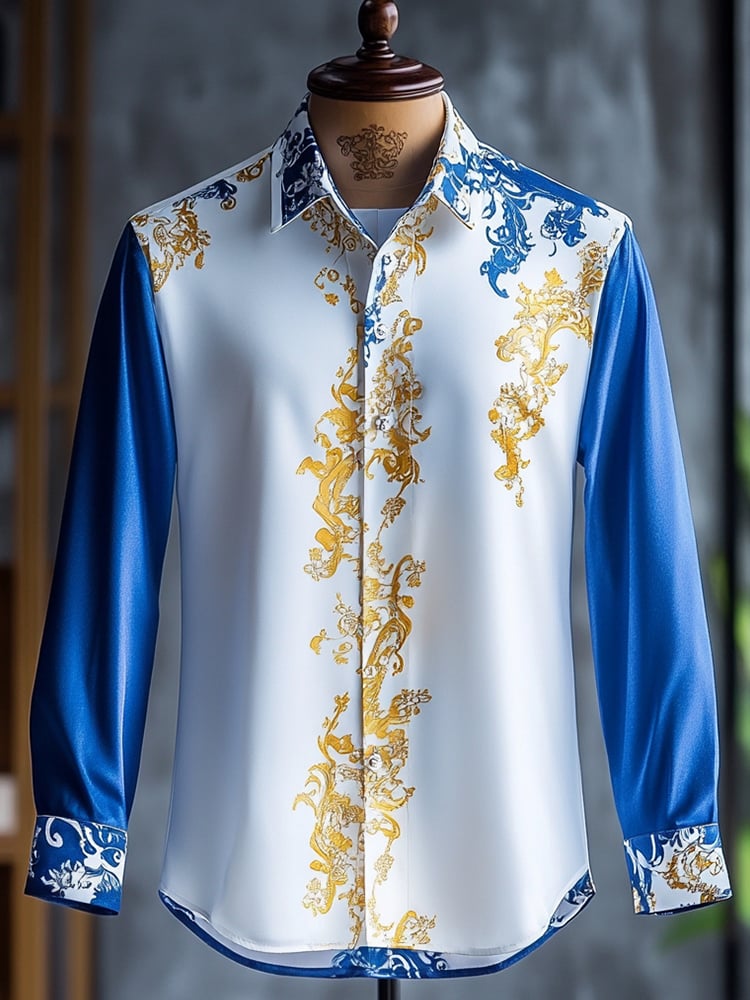 Men's Business Luxury Blue and White Floral Long Sleeve Shirt