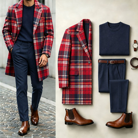 Men's Checkered Print Suit Set: Coat, Knit Sweater, and Pants
