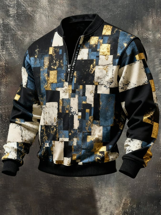 Men's Vintage Color-Block Printed Zip-Up Hoodie