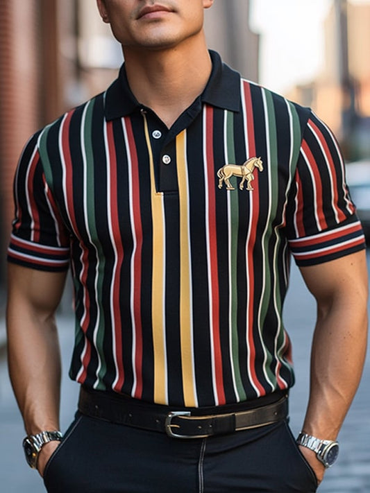 Men's Business Stripe Logo Button-Down Short Sleeve Polo Shirt