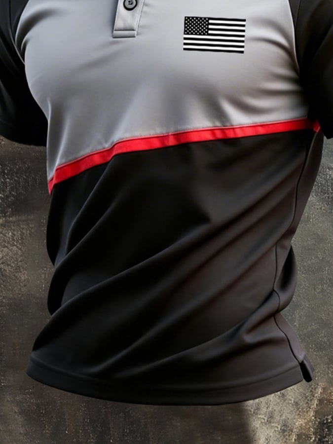 Men's Retro Patriotic Color-Block Short-Sleeve Polo Shirt