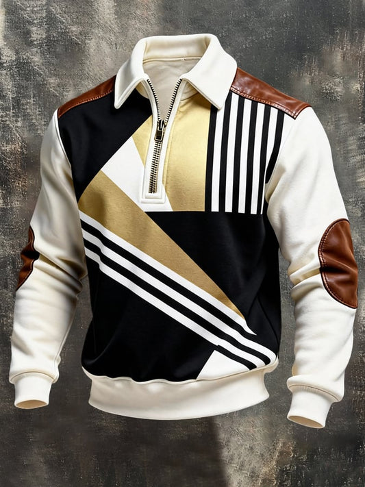 Men's Retro Color Block Print Color-Blocked Zip-Up Sweatshirt