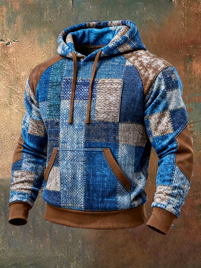 Men's Retro Distressed Color Block Print Casual Long Sleeve Sweatshirt