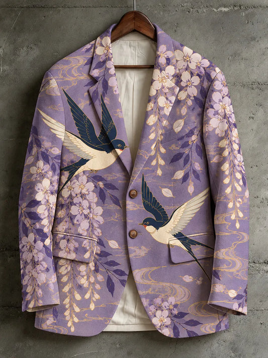Men's Vintage Japanese-style Floral And Swallow Print Casual Blazer