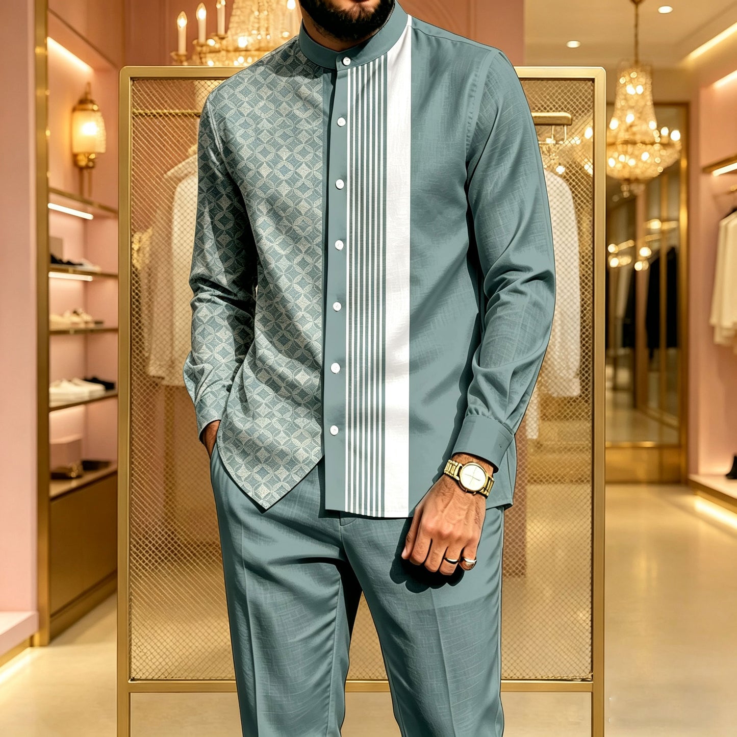 Men's Casual Asymmetrical-Cut Printed Stand-Collar Long-Sleeve Shirt and Pants Two-Piece Set