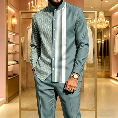 Men's Casual Asymmetrical-Cut Printed Stand-Collar Long-Sleeve Shirt and Pants Two-Piece Set