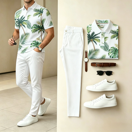 Men's Casual White Tropical Palm Leaf Print Polo Shirt & Long Pants Two-Piece Set