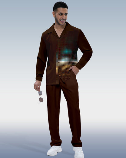 Men's Dark Brown Vintage Polka Dot Print Long Sleeve Walking Suit 234