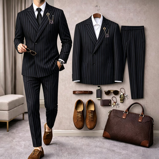 Men's Business Striped Long-Sleeve Shirt and Long Pants Two-Piece Suit