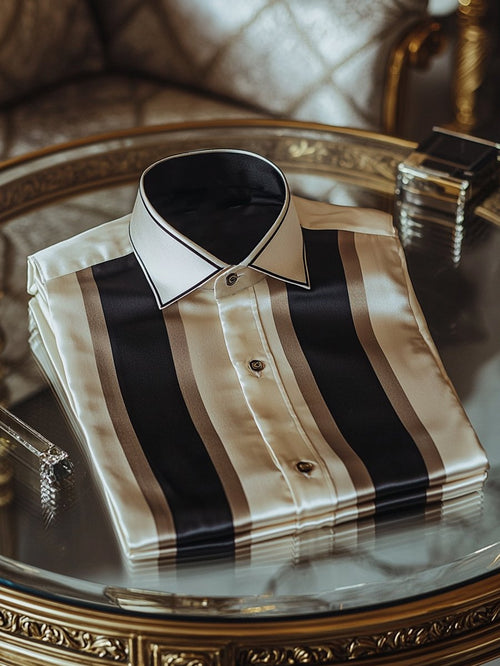 Men's Satin Luxury Business Charlie Sheen Striped Long Sleeve Shirt