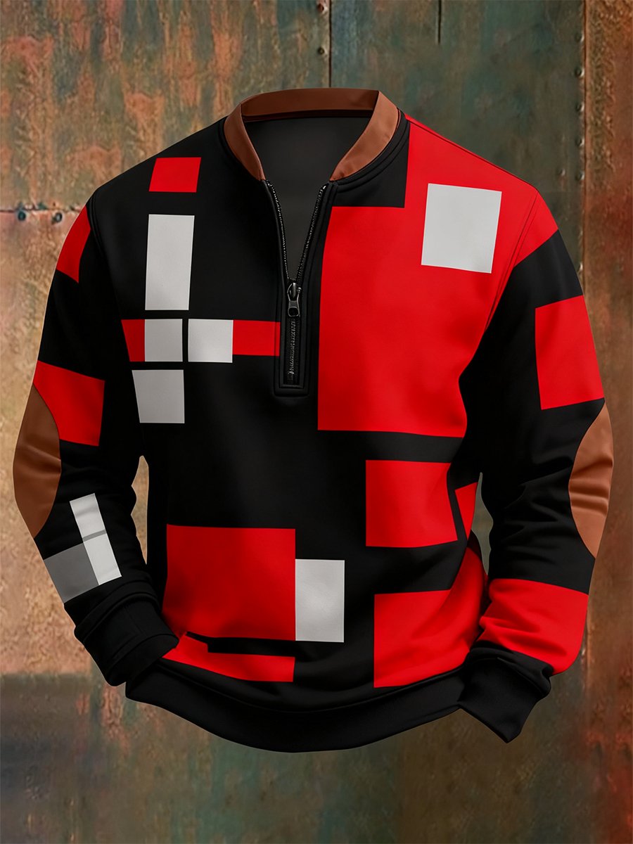 Men's Retro Bauhaus Geometric Style Print Quarter Zip Sweatshirt