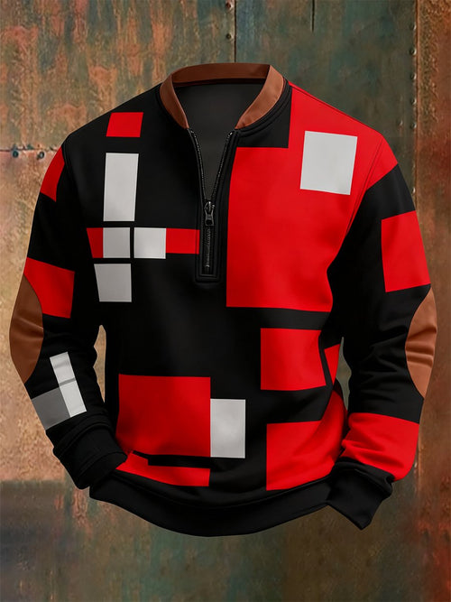 Men's Retro Bauhaus Geometric Style Print Quarter Zip Sweatshirt