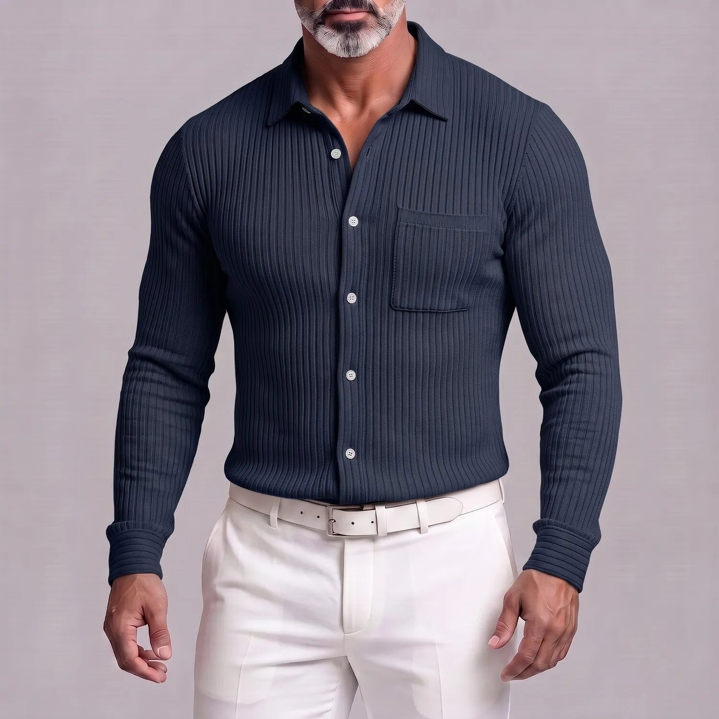 Men's Casual Ribbed Knit Single Breasted Chest Pocket Slim Fit Long Sleeve Shirt
