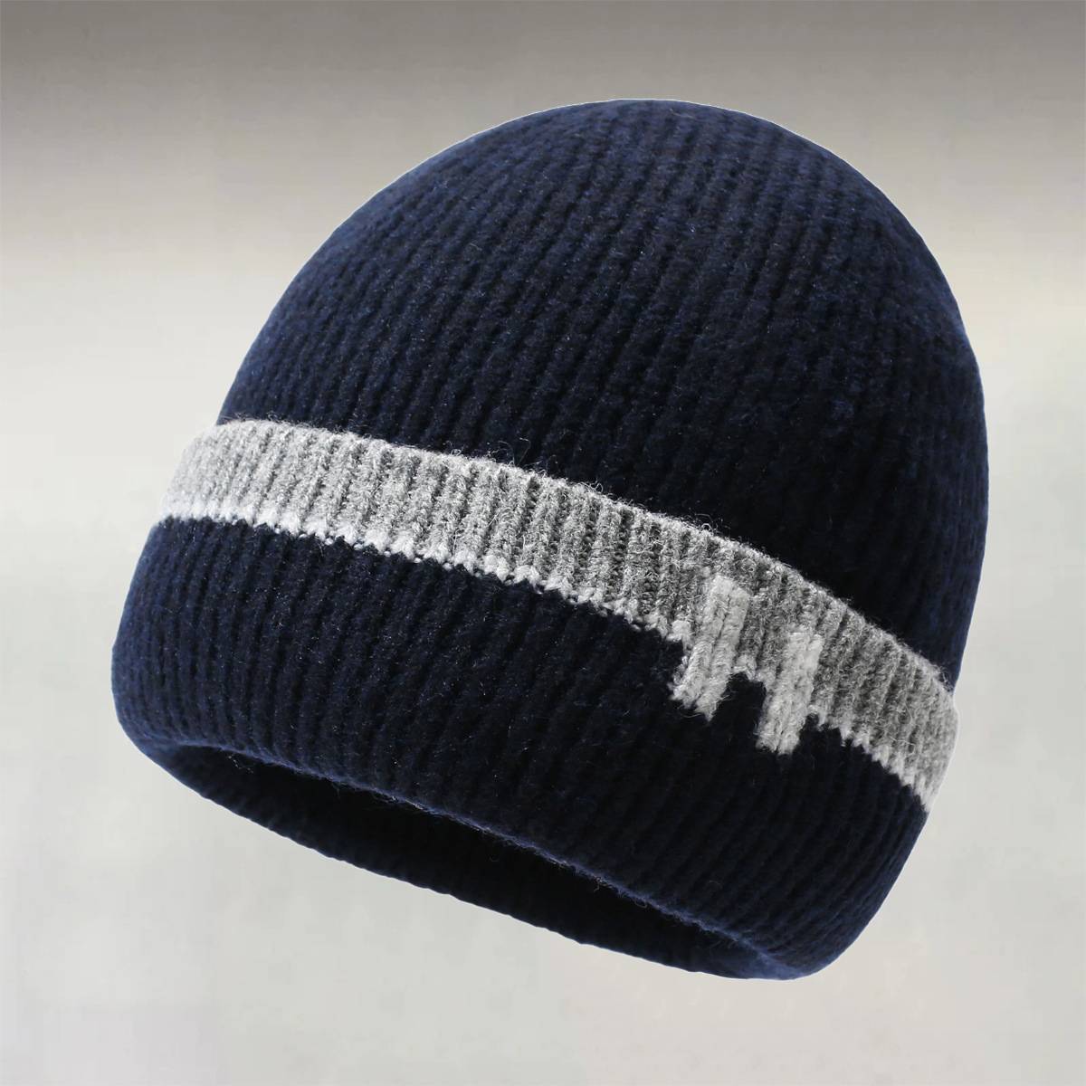 Men's Navy Blue Ribbed Knit Contrast Stripe Fold-Over Brim Fleece Lined Beanie Hat