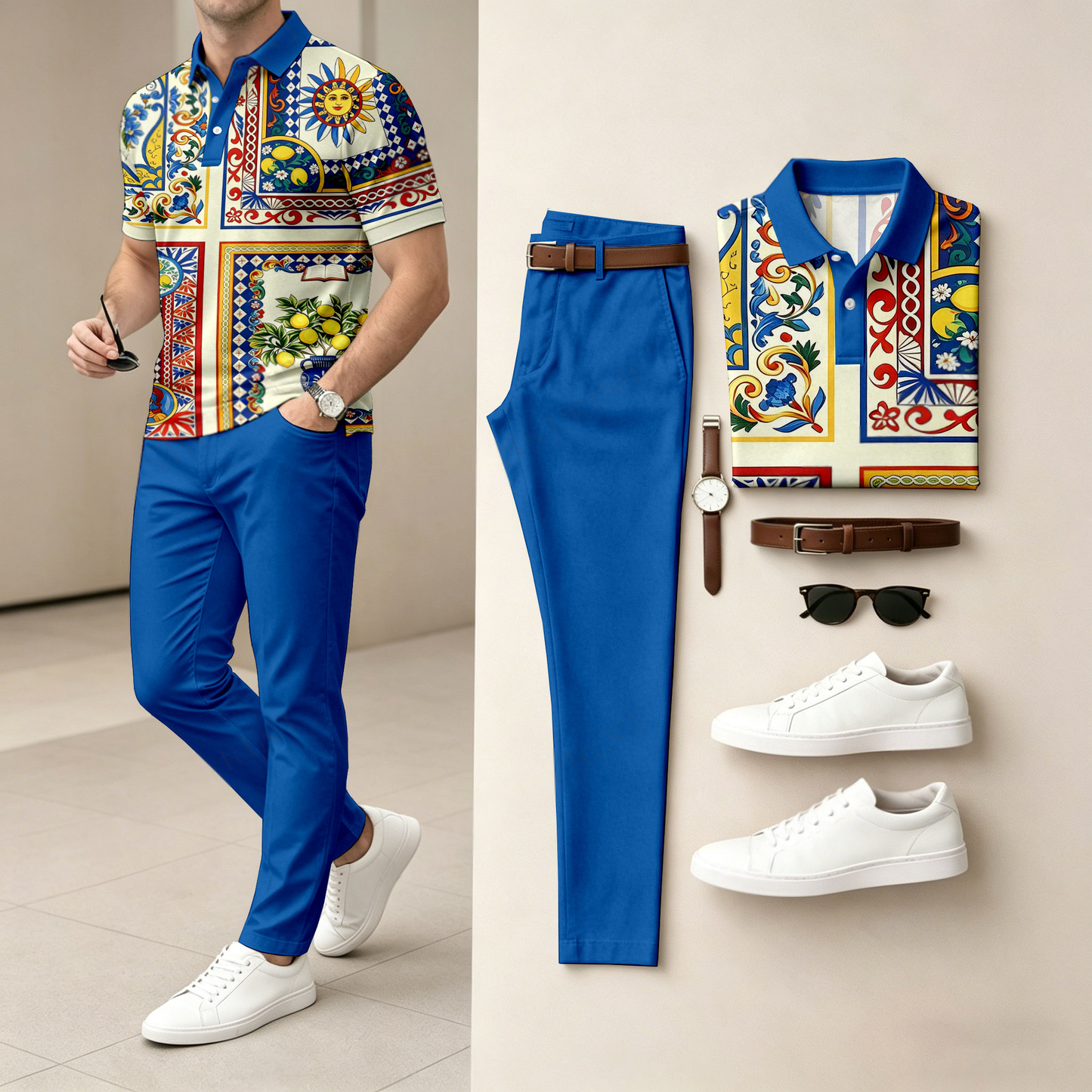Men's Casual Printed Short-Sleeve Polo Shirt And Pants Set (Excluding Accessories Such As Watches And Belts)