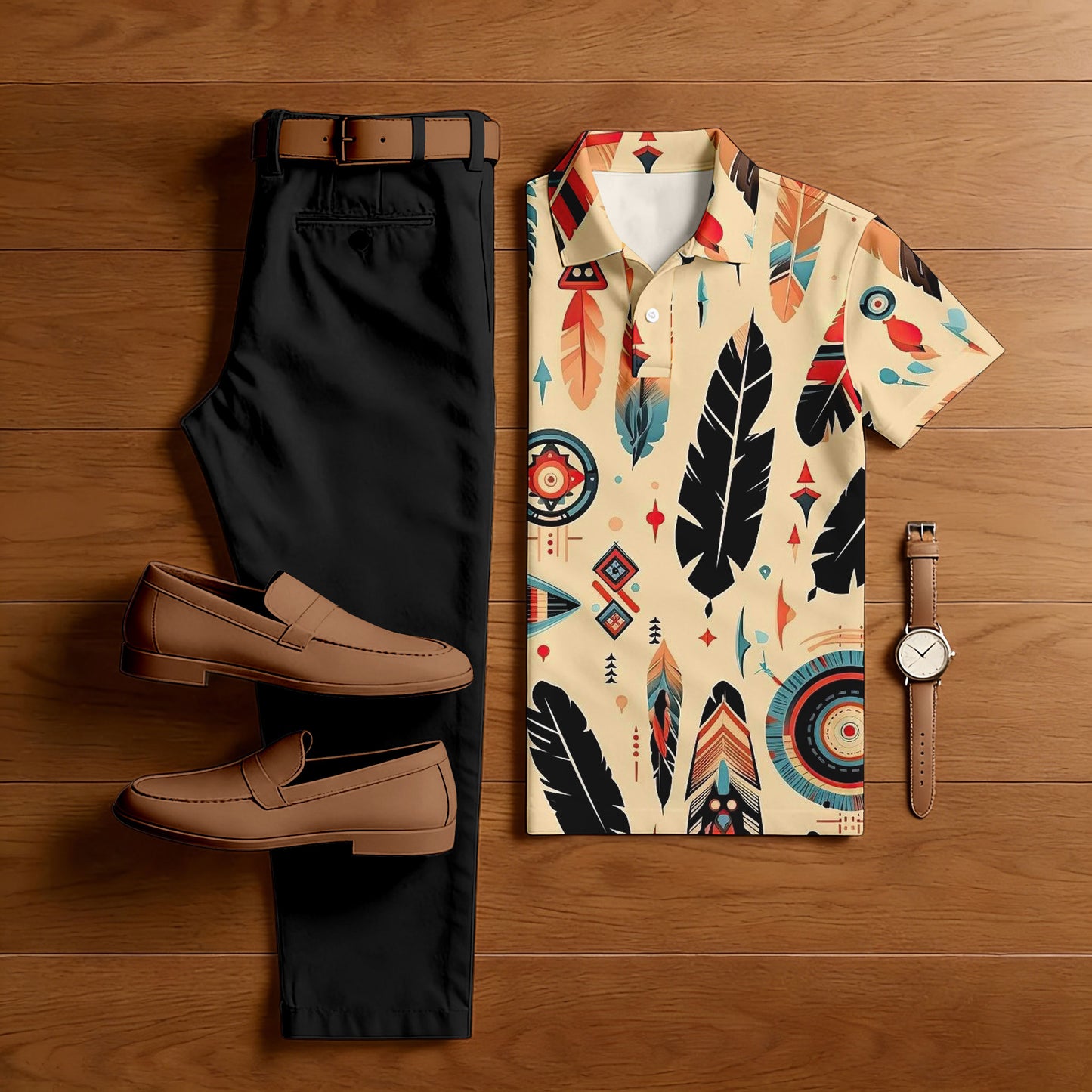 Men's Casual Apricot & Black Color Matching Ethic Style Printed Short Sleeved Polo Shirt & Trousers Two-Piece Set