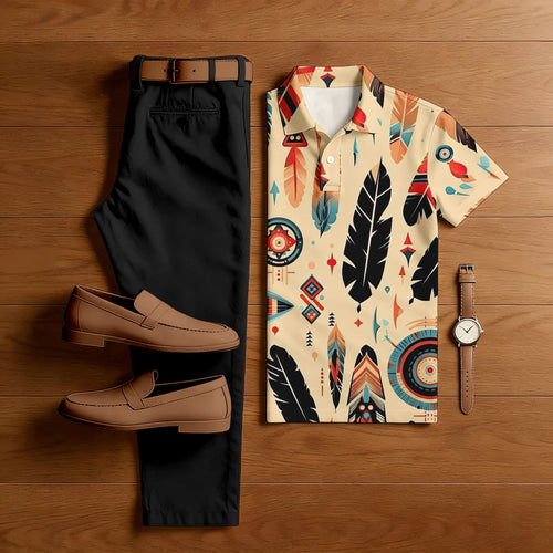 Men's Casual Apricot & Black Color Matching Ethic Style Printed Short Sleeved Polo Shirt & Trousers Two-Piece Set