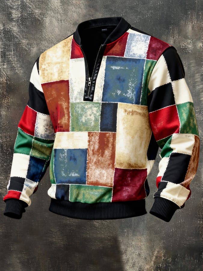 Men's Vintage Color-Block Printed Zip-Up Hoodie